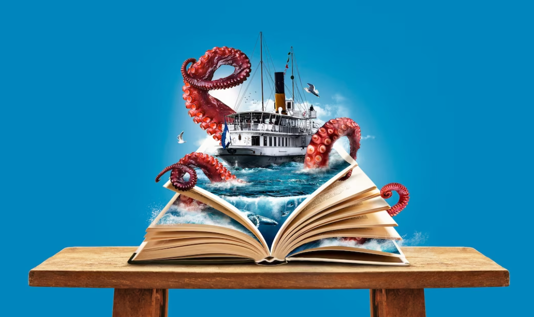 opened book on a table with sea, ship, and octopus