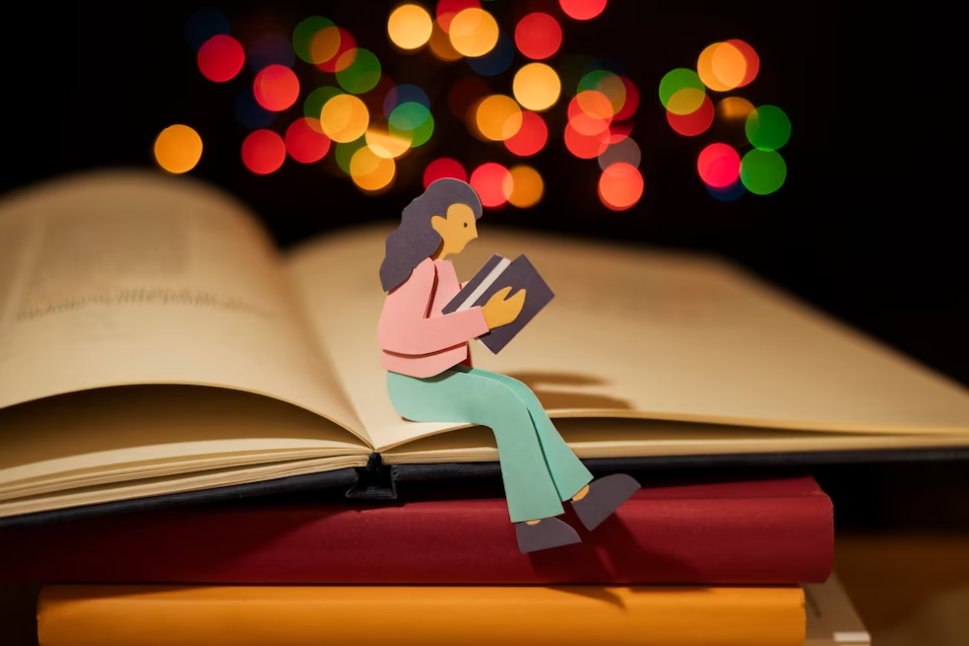 character picture sitting on the opened book, colorful lights with blurred background